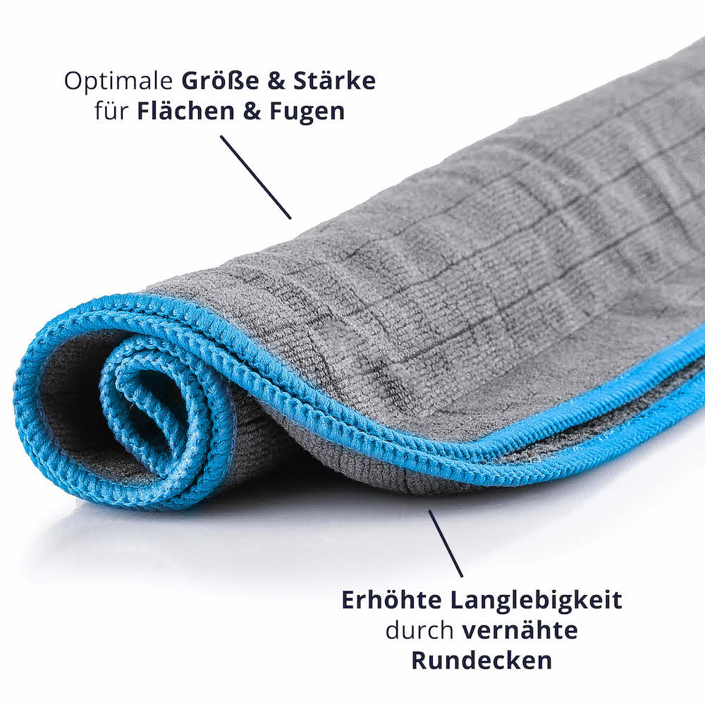 Extrem langlebig=>Unsere Tücher ermöglichen eine mühelose Reinigung von Flächen & Fugen. Dank der vernähten Rundecken bleibt das Tuch besonders langlebig und franst nicht aus – für nachhaltige Sauberkeit.