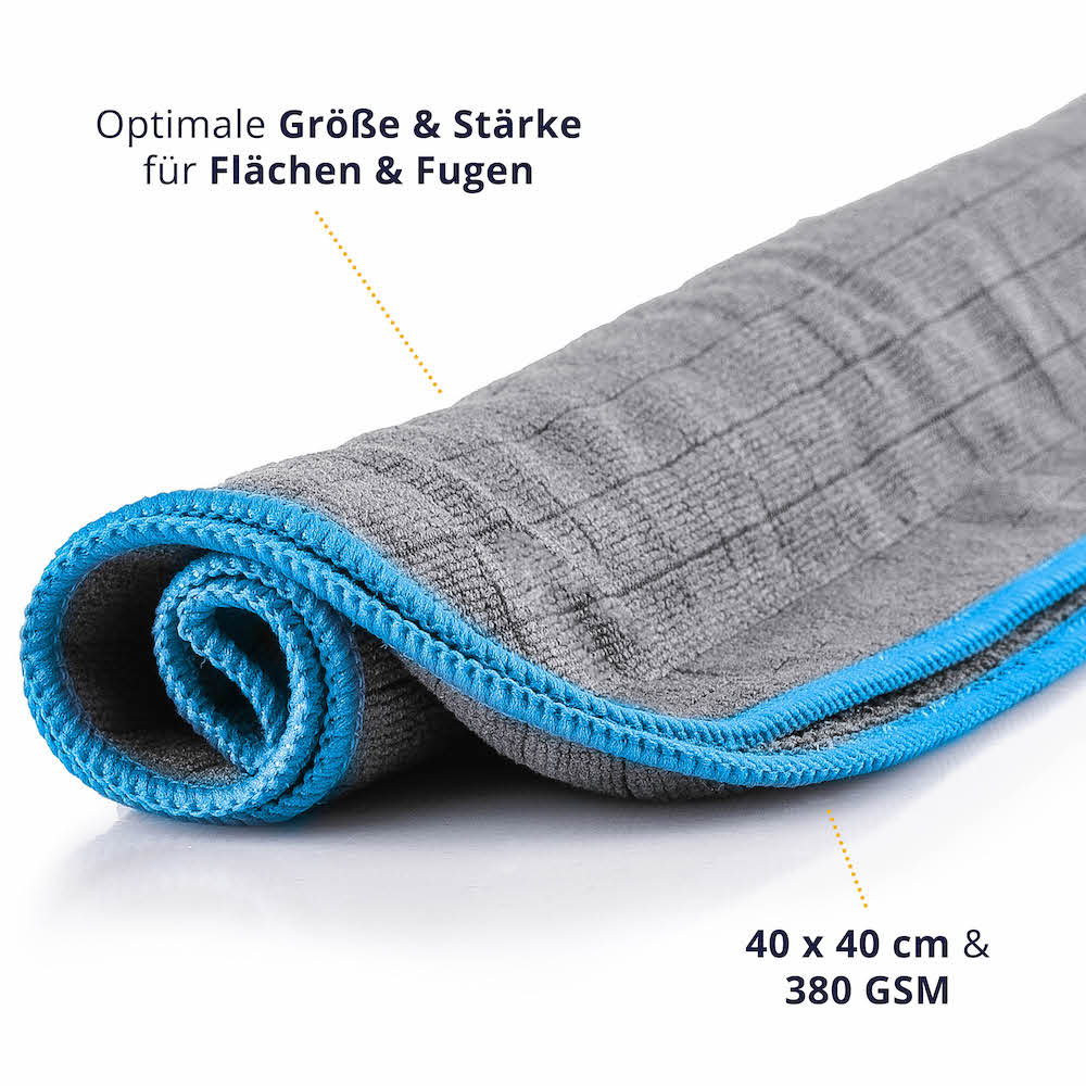Vielseitig einsetzbar=>Dank der handlichen Maße von 40x40 cm und der feinen Struktur, eignet sich unser Allround Mikrofasertuch für große Flächen und gelangt in jede Fuge.