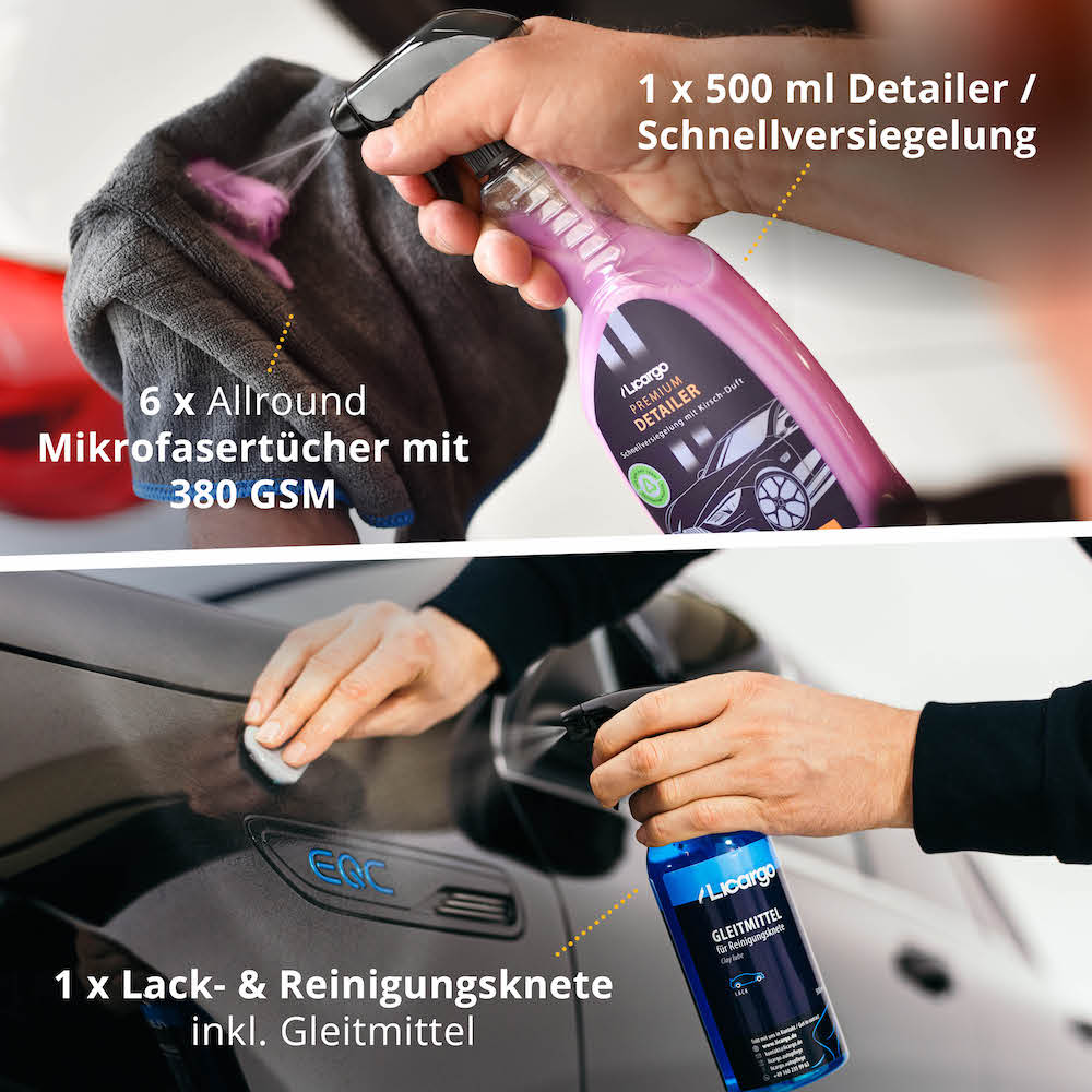 Restlos sauber & glänzend=>Lieferumfang: 1x Detailer - Schnellversiegelung 500 ml, 6x Allround Mikrofasertücher 380 GSM, 1x Lackknete & Gleitmittel 100 g / 500 ml