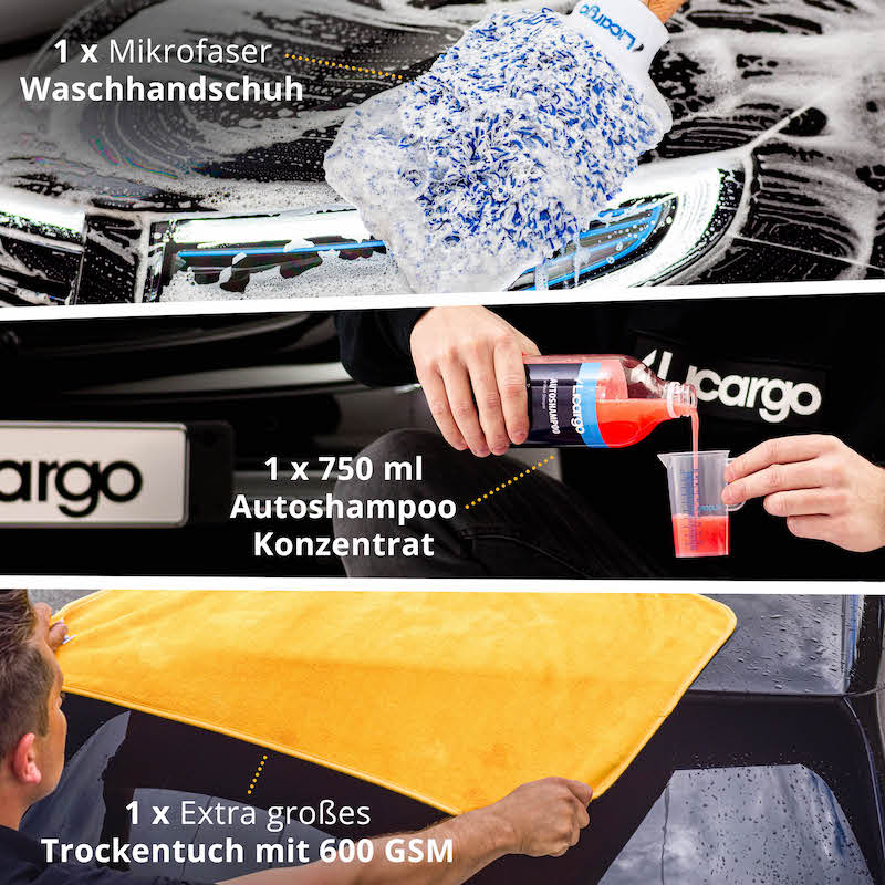 Perfekt ausgestattet=>Lieferumfang: 1x Waschhandschuh, 1x Autoshampoo 750 ml, 1x Großes Trockentuch 600 GSM.