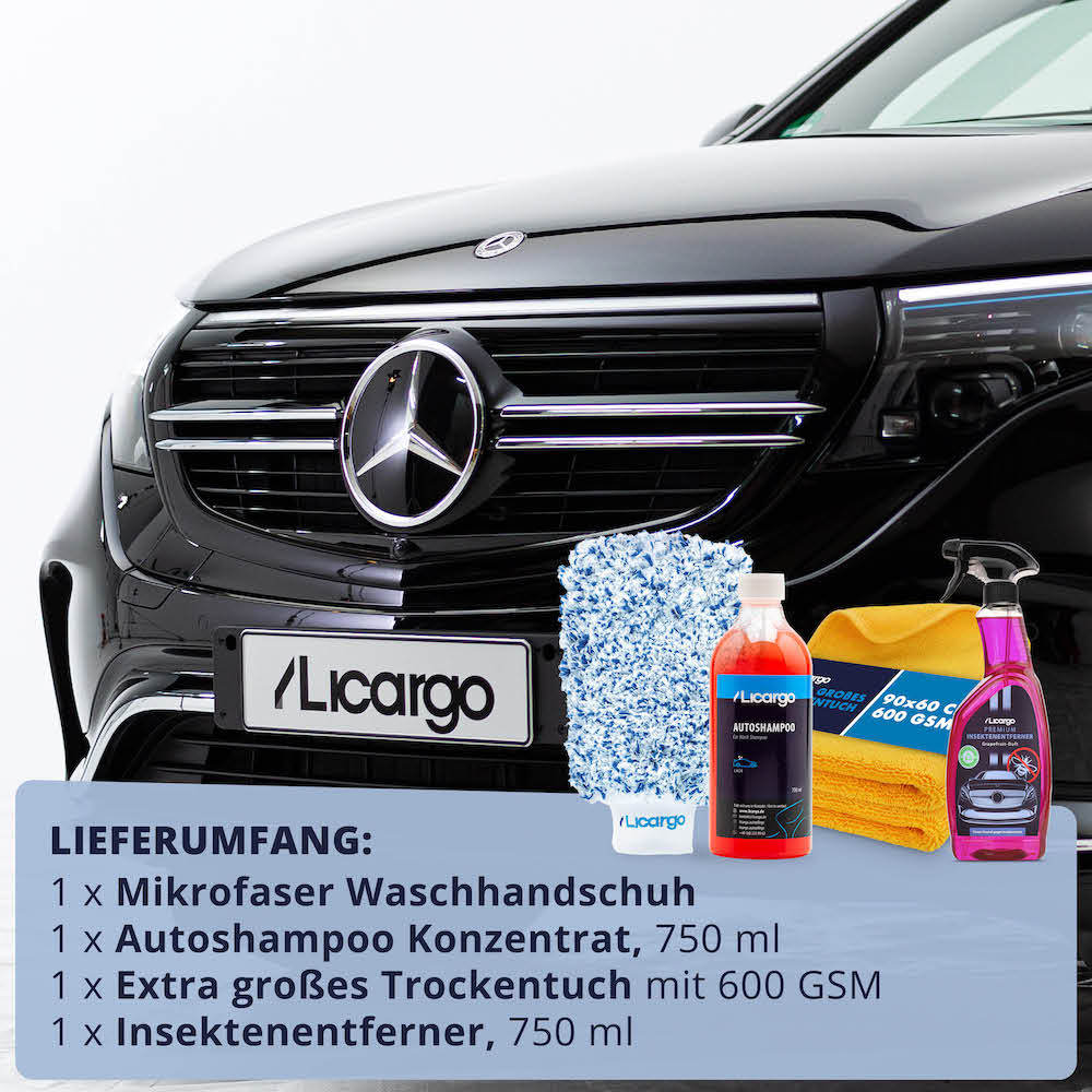 Perfekt ausgestattet=>Lieferumfang: 1x Autoshampoo - 750 ml, 1x Waschhandschuh, 1x Großes Trockentuch 600 GSM, 1x Insektenentferner 750 ml.