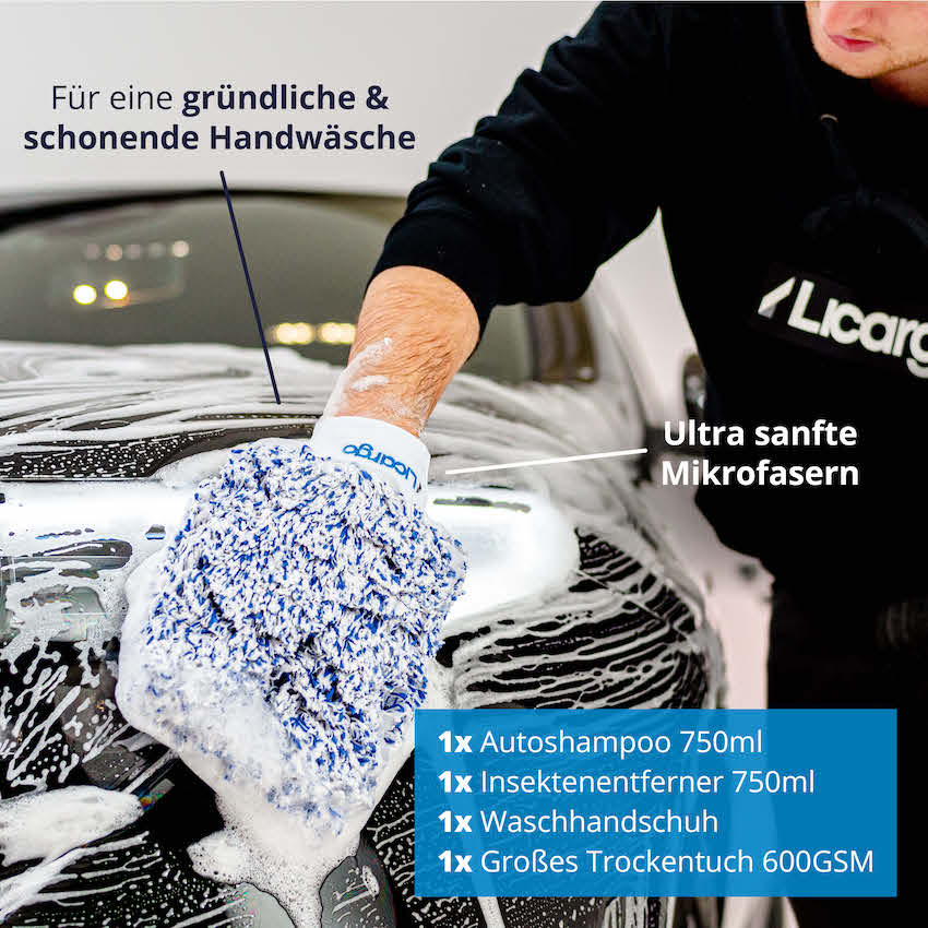 Perfekt für die SB-Waschbox=>Lieferumfang: 1x Waschhandschuh, 1x Autoshampoo 750ml, 1x Insektenentferner 750ml, 1x Großes Trockentuch 600GSM