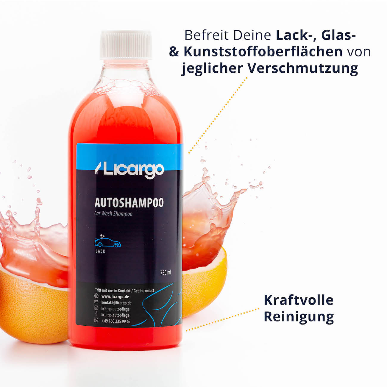 Perfektes Reinigungsergebnis=>Das Autoshampoo im Verhältnis 1:100 mit Wasser vermengen und mit dem Waschhandschuh den Lack reinigen.