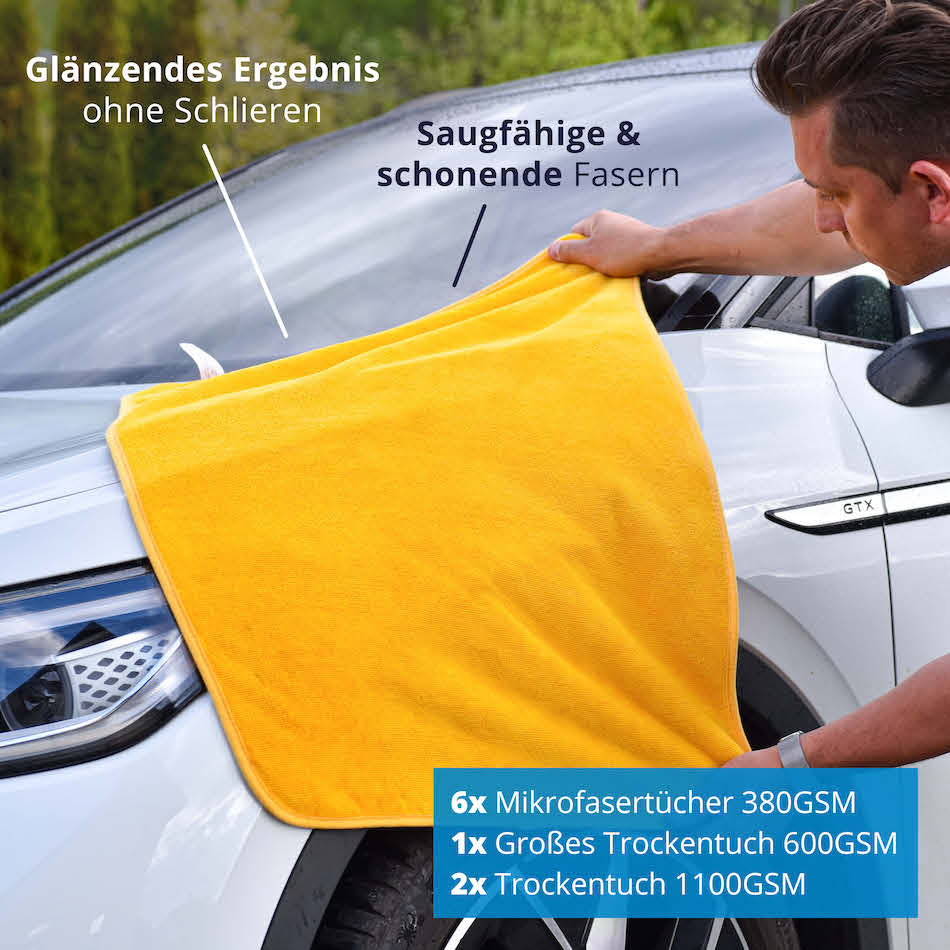 Im Set zusätzlich sparen=>Lieferumfang: 6x Mikrofasertücher 380GSM, 2x Mikrofasertücher 1100GSM, 1x großes Trockentuch 600GSM