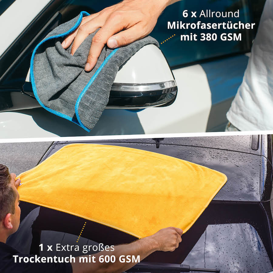 Im Set zusätzlich sparen=>Lieferumfang: 6x Allround Mikrofasertücher 380 GSM, 1x Großes Trockentuch 600 GSM
