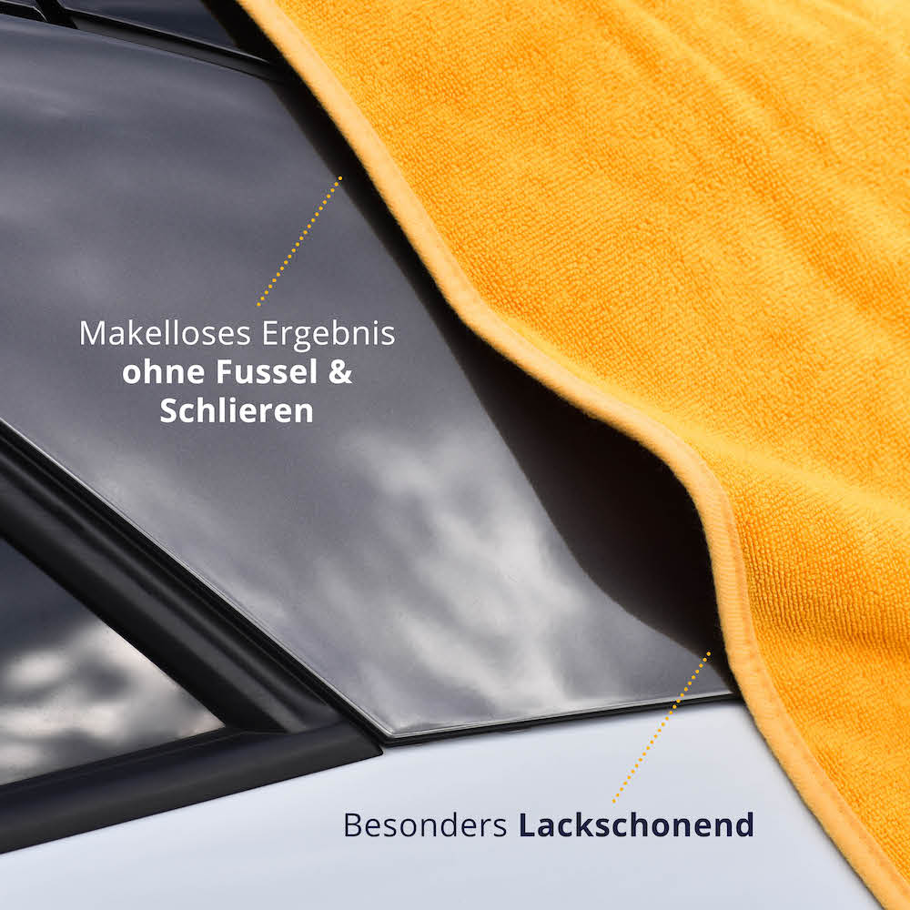 Reicht für das Ganze Auto=>Mit dem großen Trockentuch 600 GSM kannst Du problemlos Dein gesamtes Auto trocknen. Überzeug Dich selbst von unserem Power-Duo!