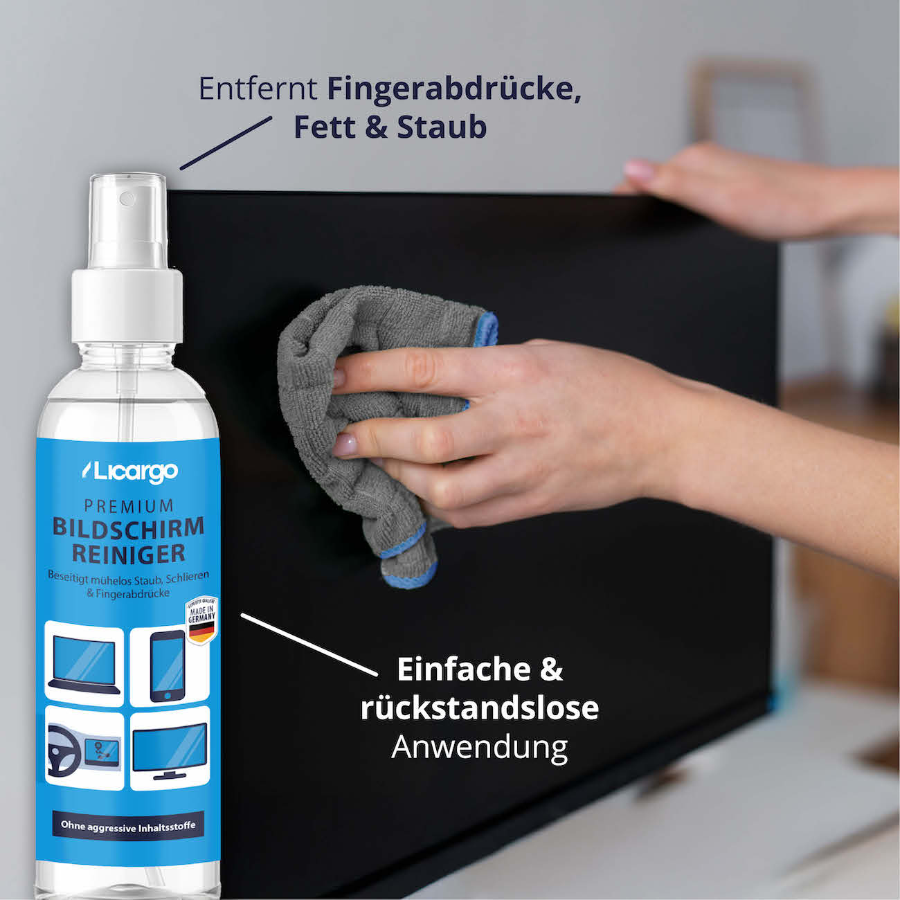 Makelloses Ergebnis=>Gemeinsam mit einem weichen Mikrofasertuch lassen sich Fingerabdrücke, Fettrückstände und Staub in Sekunden entfernen.