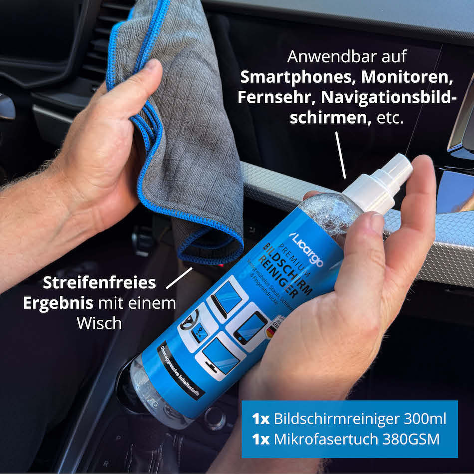 Sprühen, wischen, fertig=>Lieferumfang: 1x Bildschirmreiniger 300ml, 1x Mikrofasertuch 380GSM