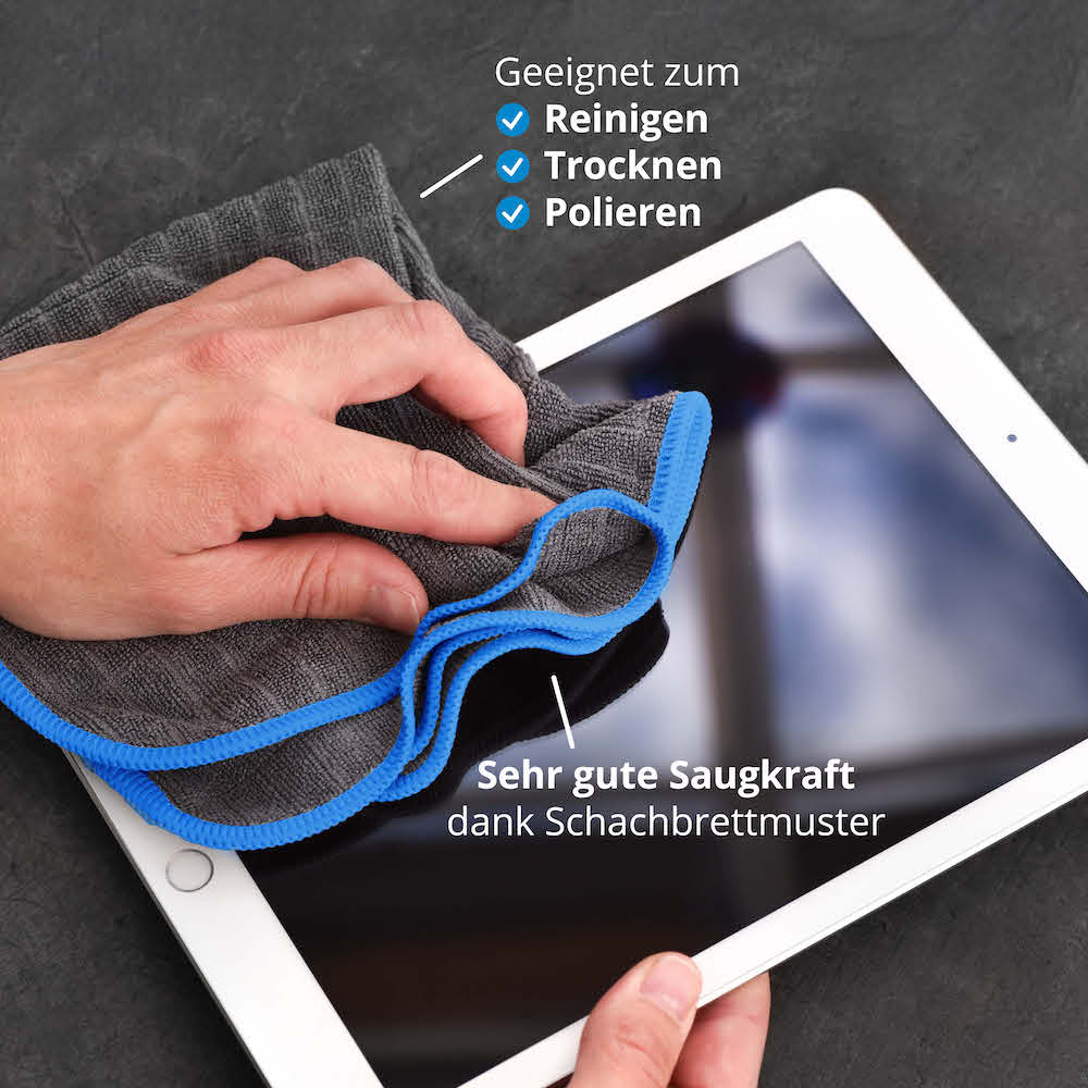 Absolutes Power-Duo=>Für ein optimales Reinigungsergebnis empfehlen wir zum Auftragen des Reinigers unser Mikrofasertuch mit 380GSM. Dank des innovativen Schachbrettmusters ist das Tuch besonders saugstark.