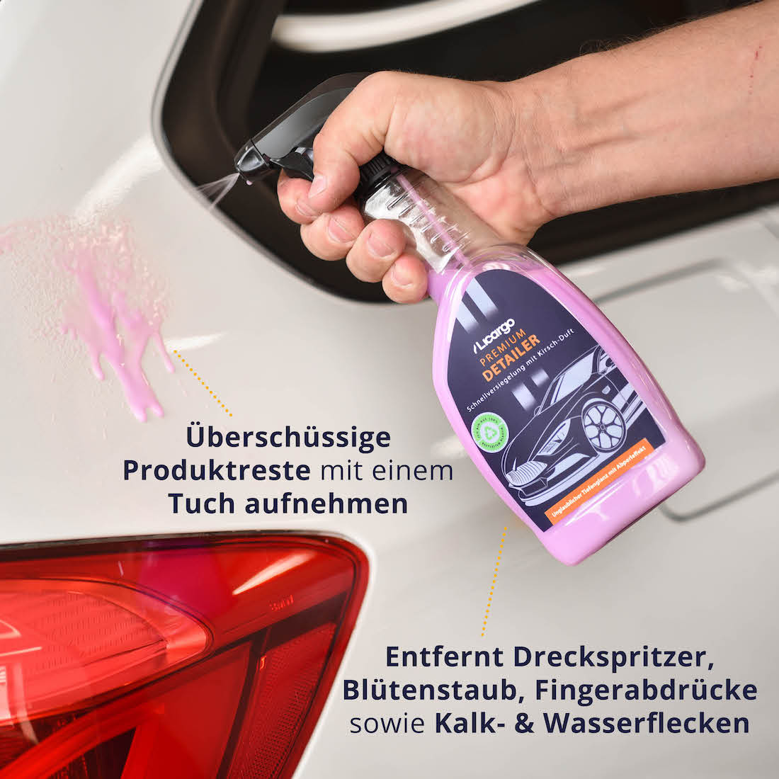 Löst leichte Verschmutzungen=>Der Detailer versiegelt den Lack für mehrere Wochen vor Umwelteinflüssen. So kann Wasser einfach abperlen und Dein Fahrzeug bleibt länger sauber und glänzend!