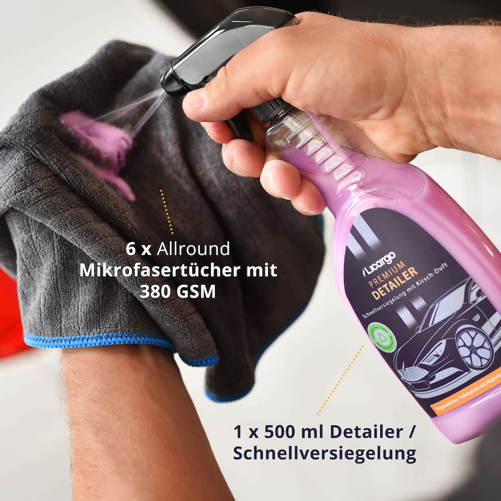 Aufsprühen, nachwischen & fertig=>Lieferumfang: 1x Detailer -  Schnellversiegelung 500 ml, 6x Allround Mikrofasertücher mit 380 GSM