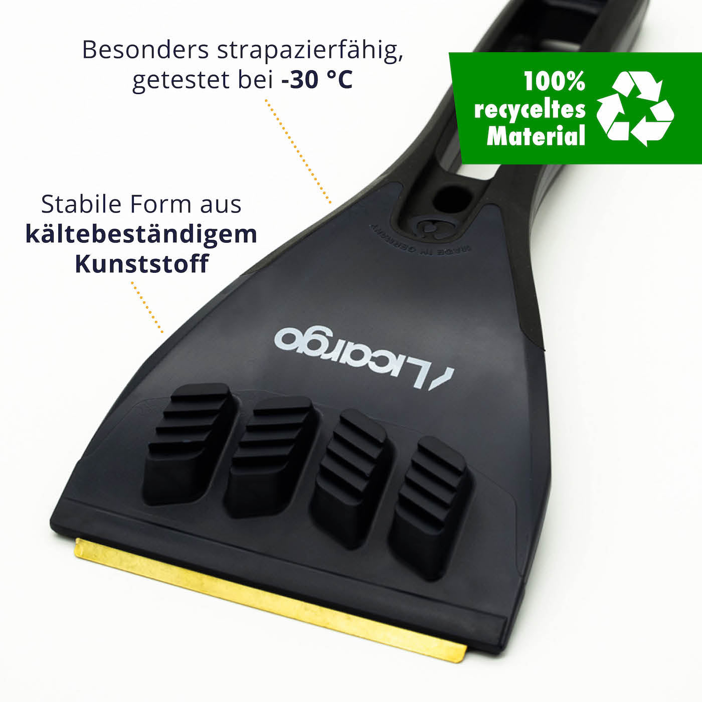 Besonders stabiles Design=>Unser Licargo Eiskratzer mit Messingklinge wird in Deutschland hergestellt und besteht aus 100% recyceltem Material.