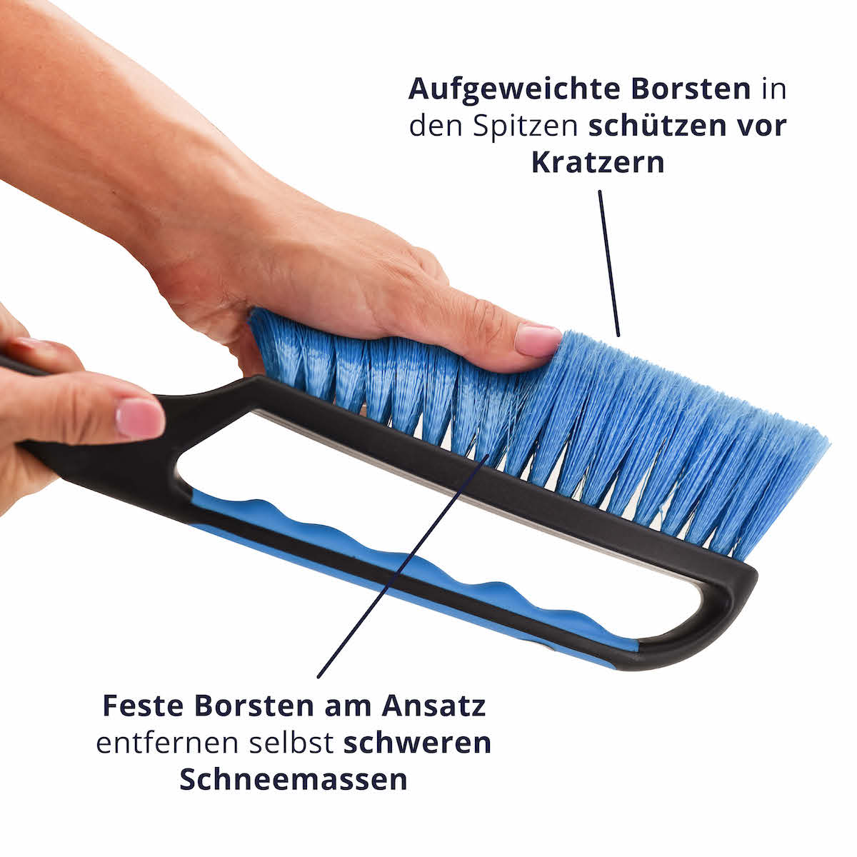 Schonende Borsten=>Die extra für Schnee konzipierten Borsten sind in den Spitzen besonders schonend zu Deinem Lack. Am Ansatz aber so fest, dass sie selbst schwere Schneemassen entfernen können!