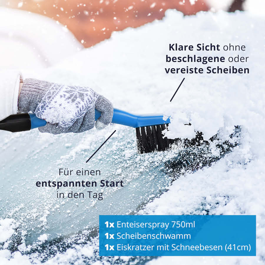 Bestens ausgestattet=>Lieferumfang: 1x Eiskratzer mit Schneebesen, 1x Enteiserspray - 750ml, 1x Mikrofaser Scheibenschwamm