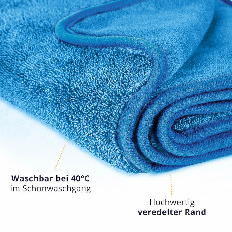 Wasch- & Wiederverwendbar=>Du kannst unser extra großes Trockentuch problemlos waschen und wiederverwenden. Wir empfehlen hierzu spezielles Mikrofaserwaschmittel zu verwenden.