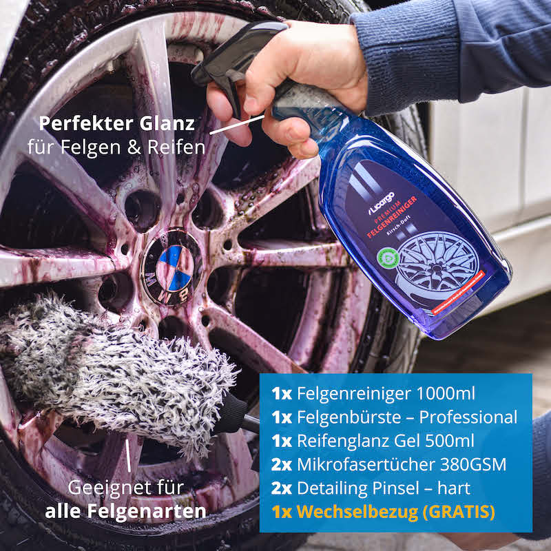 Glänzende Felgen & Reifen=>Lieferumfang: 1x Felgenreiniger 1000ml, 1x Reifenglanz Gel 500ml, 2x Mikrofasertücher 380GSM, 1x Mikrofaser Felgenbürste – Professional, 2x Detailing Pinsel – hart, 1x GRATIS Wechselbezug Felgenbürste