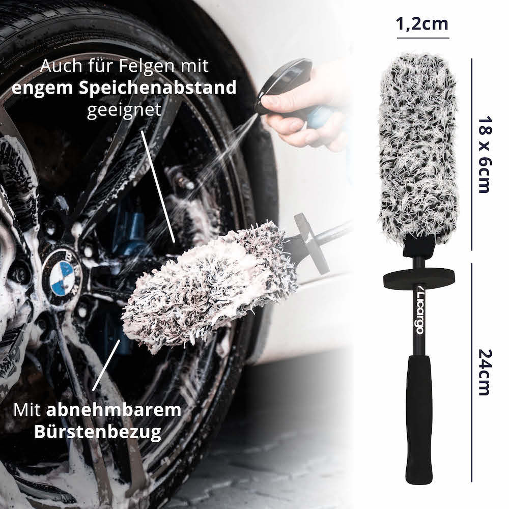 Abnehmbarer Bezug=>Dank des abnehmbaren Bezugs kannst Du unsere Felgenbürste nach jeder Reinigung in der Maschine waschen. Die schmale Form ermöglicht es außerdem, auch in schmale Speichen zu gelangen.