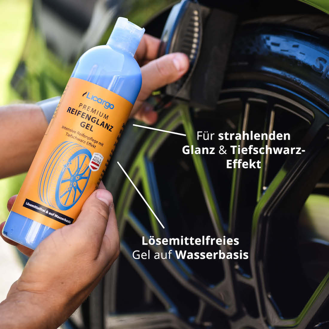 Tiefschwarz-Effekt=>Unser Reifenglanz Gel bringt Deinen Reifen ihren originale Glanz zurück und sorgt zusätzlich für einen langanhaltenden Wet-Look.