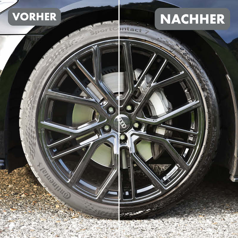 Vorher-Nachher-Effekt=>Strahlende Felgen und tiefschwarze Felgen – mit unserem Set wird Dein Auto zum Blickfang auf der Straße!