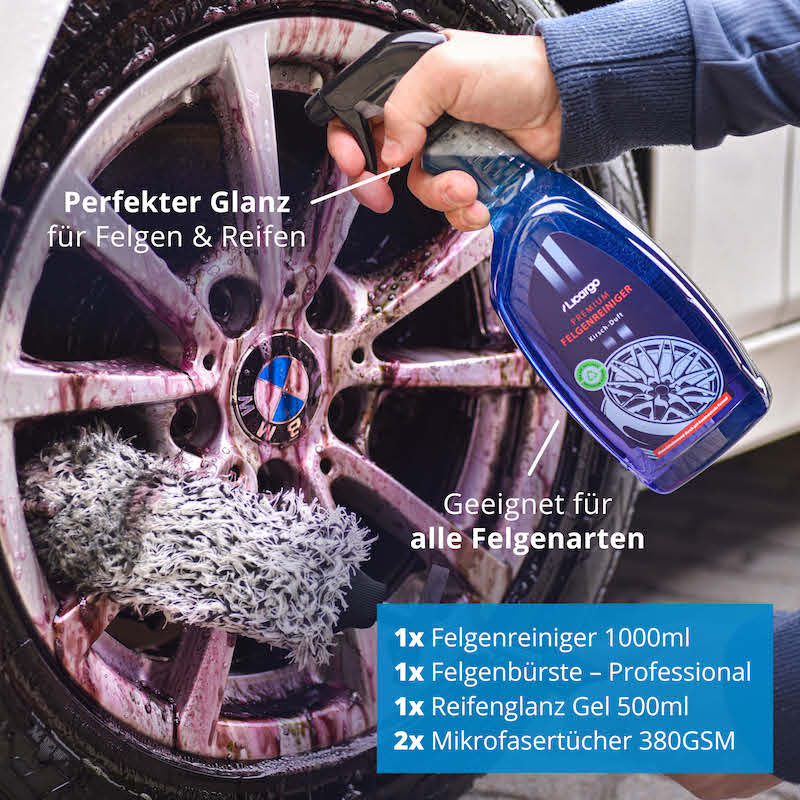 Glänzende Felgen & Reifen=>Lieferumfang: 1x Felgenreiniger 1000 ml, 1x Reifenglanz Gel 500 ml, 2x Mikrofasertücher 380GSM, 1x Mikrofaser Felgenbürste – Professional