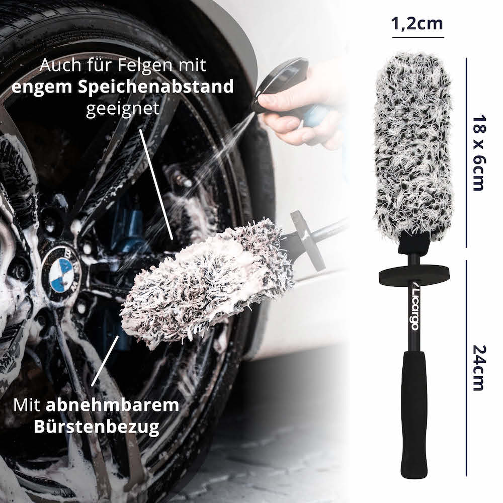 Abnehmbarer Bezug=>Dank des abnehmbaren Bezugs kannst Du unsere Felgenbürste nach jeder Reinigung in der Maschine waschen. Die schmale Form ermöglicht es außerdem, auch in schmale Speichen zu gelangen.