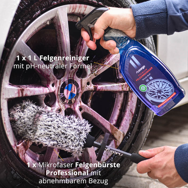 Ideal für glänzende Felgen=>Lieferumfang: 1x Felgenbürste Professional, 1x Felgenreiniger 1000 ml