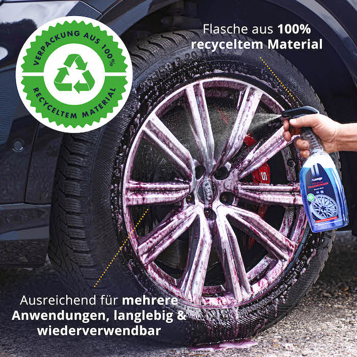 Ressourcenschonend=>Unser Felgenreiniger wird in einer Flasche aus 100% recyceltem Material geliefert und die langlebige Mikrofaser-Felgenbürste unterstützt unsere Nachhaltigkeitsziele.