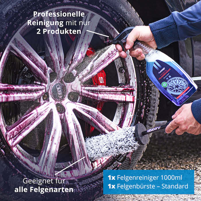 Ideal für glänzende Felgen=>Lieferumfang: 1x Felgenreiniger 1000ml, 1x Felgenbürste – Standard