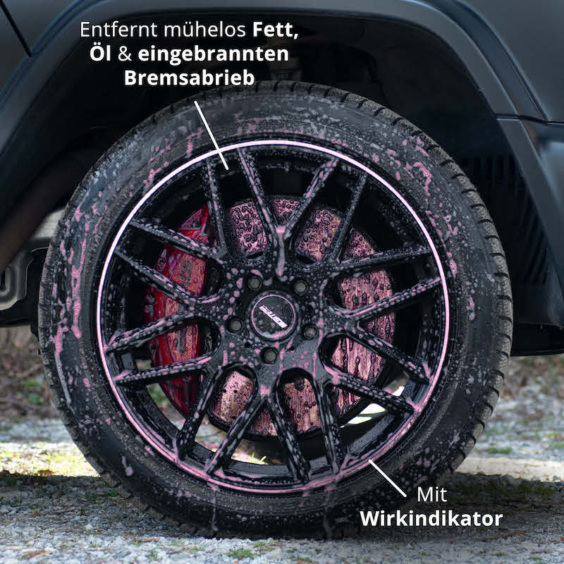 Glanzvolles Resultat=>Der Felgenreiniger sorgt für eine perfekte Haftung an den Felgen entfernt mühelos Fett, Öl und Bremsabrieb. Sobald sich der Reiniger pink färbt, ist es Zeit zum abwaschen!