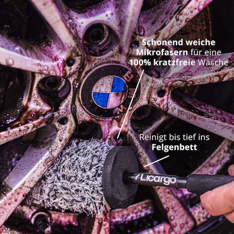 Schonend & effektiv=>Unsere Mikrofaser Felgenbürste reinigt bis tief ins Felgenbett und arbeitet dabei 100% kratzfrei.