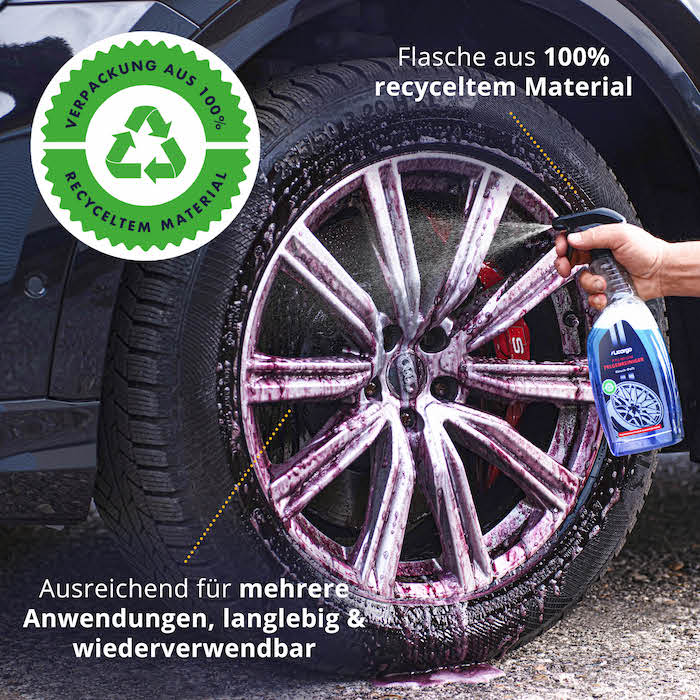 Ressourcenschonend=>Der Felgenreiniger kommt in einer Flasche aus 100% recyceltem Material & die Mikrofaser Felgenbürste überzeugt durch langlebigkeit. Damit setzen wir auf  Ressourcenschonung.