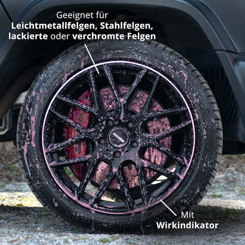 Für alle Felgentypen=>Unser Reiniger eignet sich für alle gängigen Felgentypen wie Leichtmetall- und Stahlfelgen sowie für lackierte oder verchromte Felgen. Mit Hilfe des Wirkindikators erkennst Du außerdem, wann es Zeit ist, den Reiniger abzuspülen.