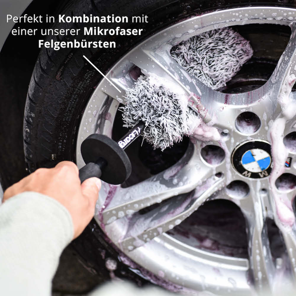 Perfektes Duo=>Am Besten nutzt Du unseren Felgenreiniger in Kombination mit einer unserer Mikrofaser Felgenbürsten. So erreichst Du selbst schwer zugängliche Stellen und sorgst für ein optimales Ergebnis!