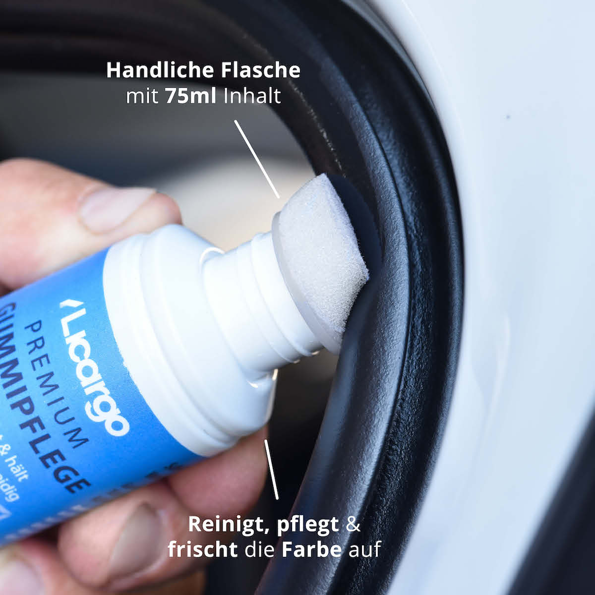 Einfache Anwendung=>Flasche gut schütteln, Deckel entfernen und die Flasche mit Schwamm Applikator nach unten mehrmals gegen den Gummi drücken, um Pflegemittel freizusetzen.