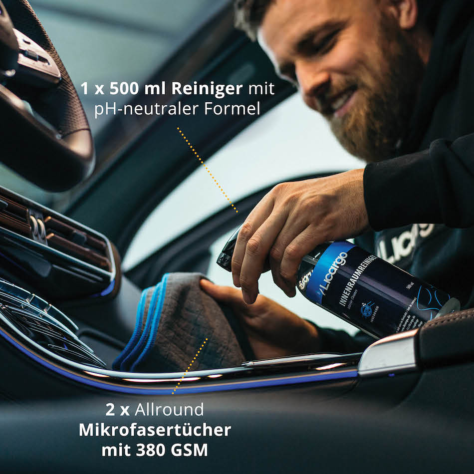 Ausreichend für viele Einsätze=>Lieferumfang: 1x 500 ml Innenraumreiniger, 2x Allround Mikrofasertücher 380 GSM