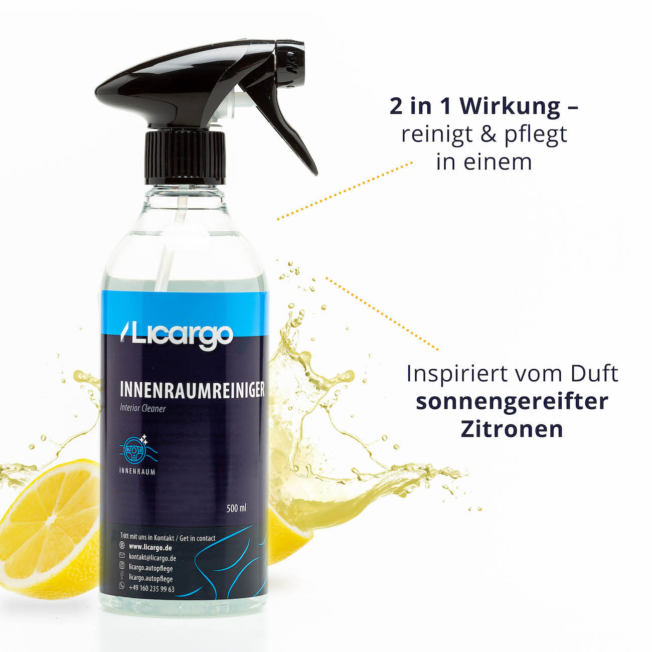 Perfektes Reinigungsergebnis=>Das besondere an unserem Innenraumreiniger ist die 2 in 1 Wirkung. Er reinigt & pflegt gleichzeitig. So sparst Du Dir Zeit & Geld.