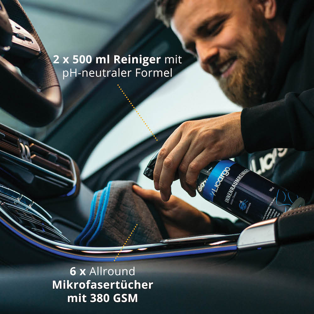 Lieferumfang: 2x 500 ml Innenraumreiniger, 6x Allround Mikrofasertücher 380 GSM