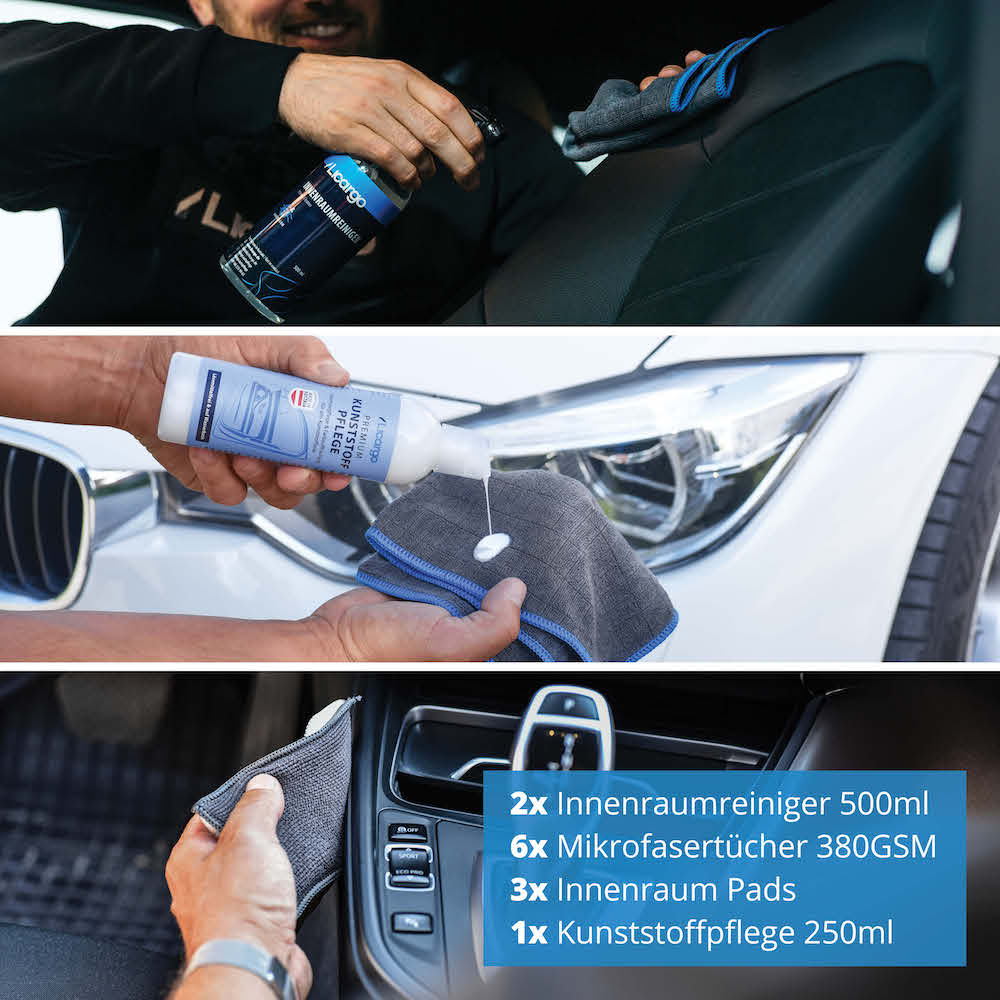 Umfassend ausgestattet=>Lieferumfang: 1x Innenraumreiniger 500 ml, 1x Kunststoffpflege 250 ml, 6x Allround Mikrofasertücher, 3x Innenraum Pads