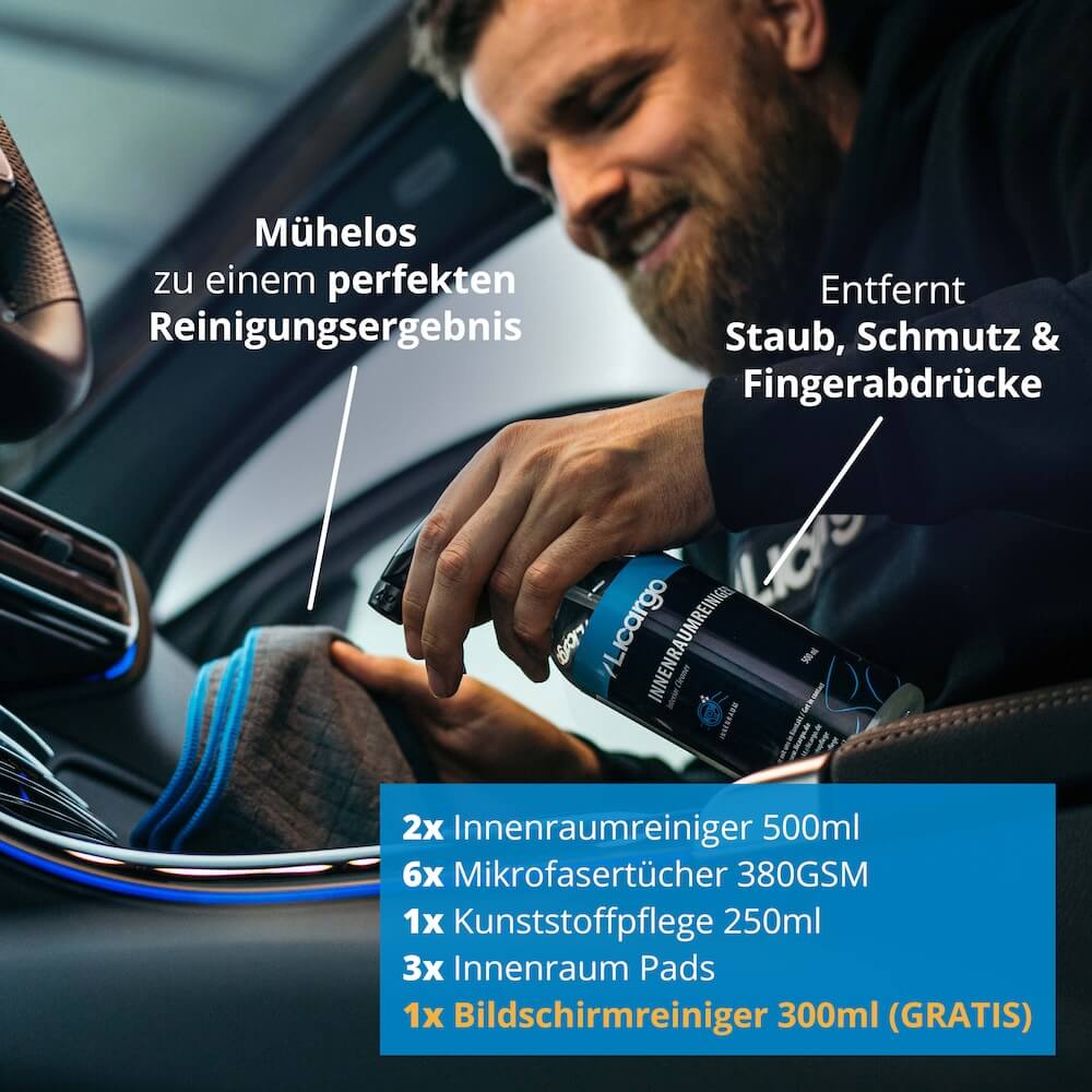 Umfassend ausgestattet=>Lieferumfang: 2x Innenraumreiniger 500 ml, 1x Kunststoffpflege 250 ml, 6x Allround Mikrofasertücher, 3x Innenraum Pads, 1x Gratis Bildschirmreiniger – 300 ml
