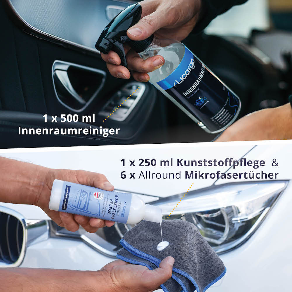 Umfassend ausgestattet=>Lieferumfang: 1x Innenraumreiniger 500 ml, 1x Kunststoffpflege 250 ml, 6x Allround Mikrofasertücher 380 GSM
