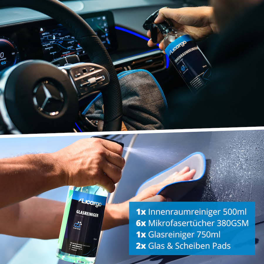 Alles in Einem für Dein Auto=>Lieferumfang: 1x Glasreiniger 750 ml, 1x Innenraumreiniger 500 ml, 2x Glas & Scheiben Pads, 6x Allround Mikrofasertücher 380 GSM