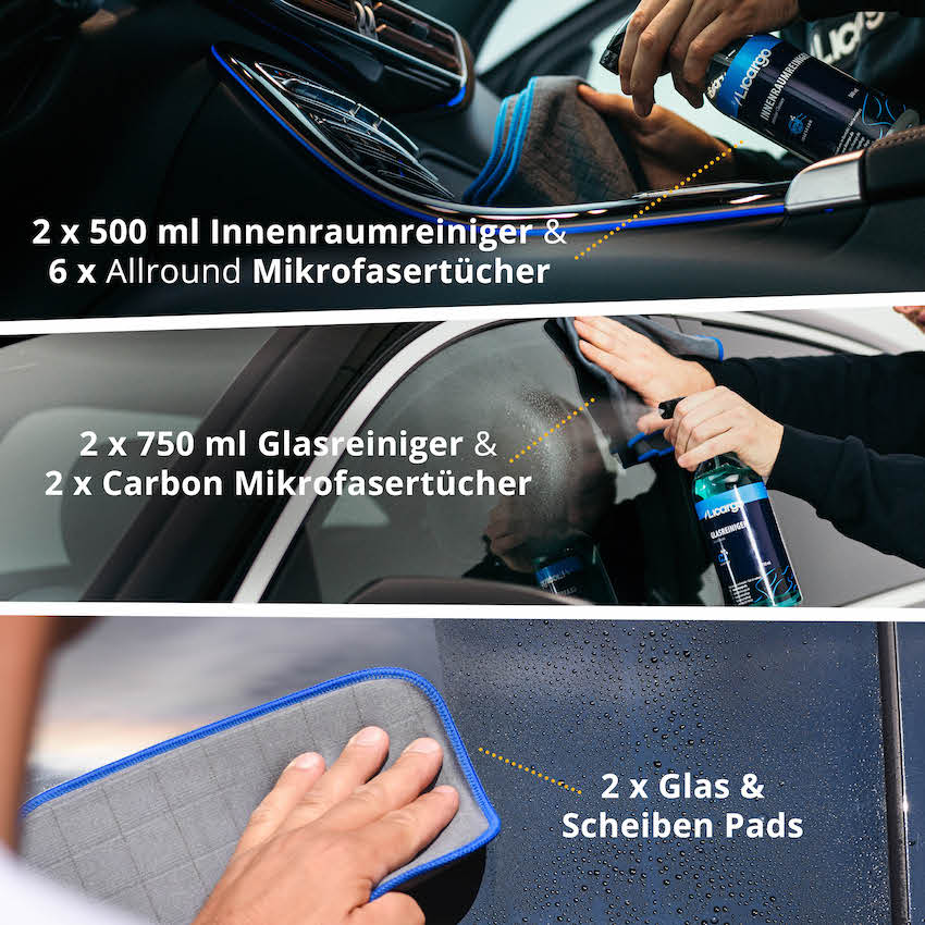 Ideal für mehrere Fahrzeuge=>Lieferumfang: 2x Glasreiniger 750 ml, 2x Innenraumreiniger 500 ml, 2x Glas Mikrofasertücher 350 GSM, 2x Glas Pads, 6x Allround Mikrofasertücher 380 GSM