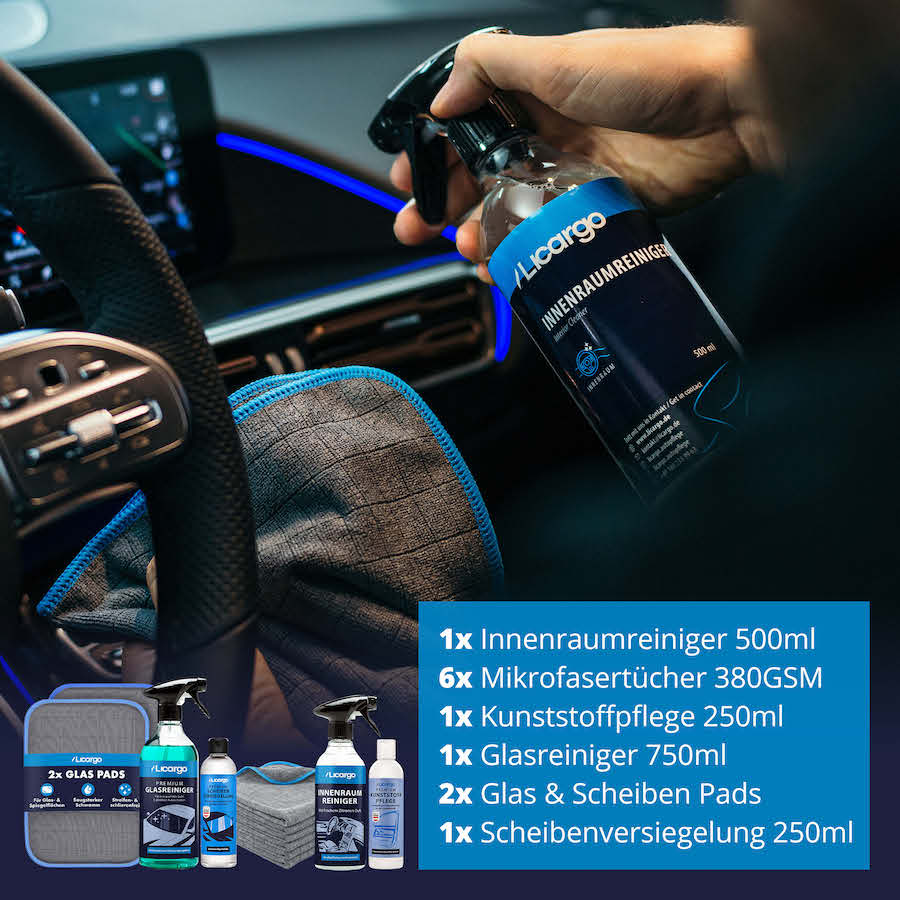 Alles, was Dein Auto braucht=>Lieferumfang: 1x Glasreiniger 750 ml, 1x Innenraumreiniger 500 ml, 2x Glas Pads, 6x Allround Mikrofasertücher 380 GSM, 1x Kunststoffpflege 250 ml, 1x Scheibenversiegelung 250 ml