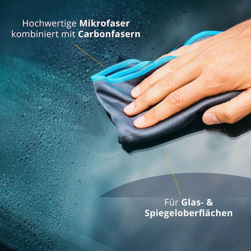 Kistallklare Autoscheiben=>Eingewebte Carbonfasern erhöhen den Reibwert des Tuchs und lassen somit dem Schmutz auf Deiner Autoscheibe keine Chance.