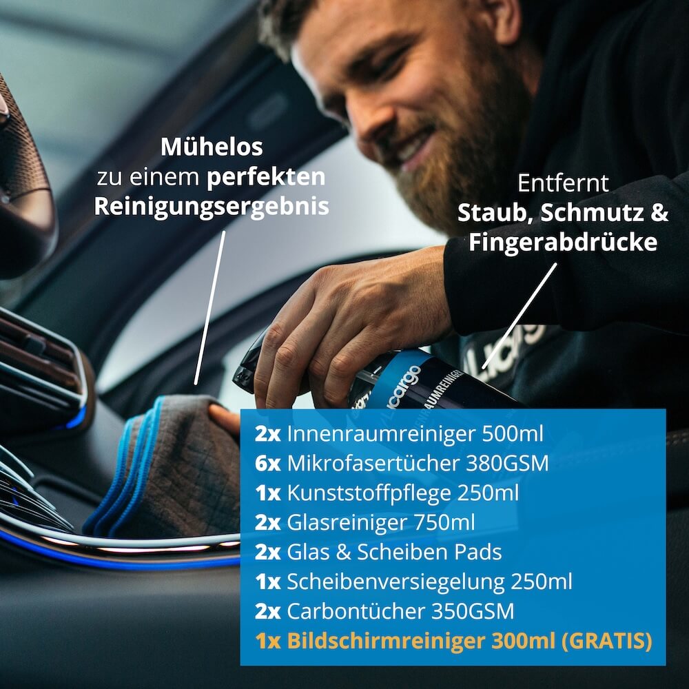 Alles, was Dein Auto braucht=>Lieferumfang: 2x Glasreiniger 750 ml, 2x Innenraumreiniger 500 ml, 2x Glas Mikrofasertücher 350 GSM, 2x Glas Pads, 6x Allround Mikrofasertücher 380 GSM, 1x Kunststoffpflege 250 ml, 1x Scheibenversiegelung 250 ml, 1x Gratis Bildschirmreiniger – 300 ml
