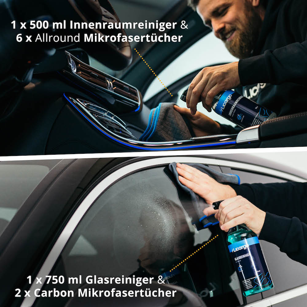 Perfektes Reinigungsset=>Lieferumfang: 1x Glasreiniger 750 ml, 1x Innenraumreiniger 500 ml, 2x Glas Mikrofasertücher 350 GSM, 6x Allround Mikrofasertücher 380 GSM