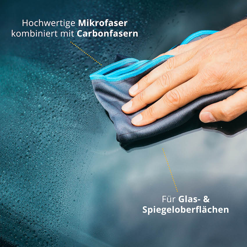 Kistallklare Autoscheiben=>Eingewebte Carbonfasern erhöhen den Reibwert des Tuchs und lassen somit dem Schmutz auf Deiner Autoscheibe keine Chance.