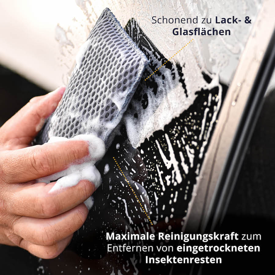 Einzigartiges Mikrofasernetz=>Mit dem einzigartigen Mikrofasernetz entfernst Du spielend leicht eingetrocknete Insektenreste von Lack- und Glasflächen, ohne sie zu beschädigen.