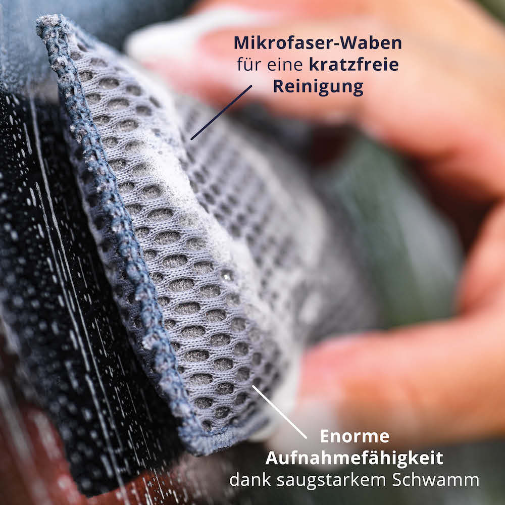 Innovative Wabenstruktur=>Dank der besonderen Mikrofasernetz-Oberfläche wird Schmutz aufgenommen, ohne Kratzer zu hinterlassen.