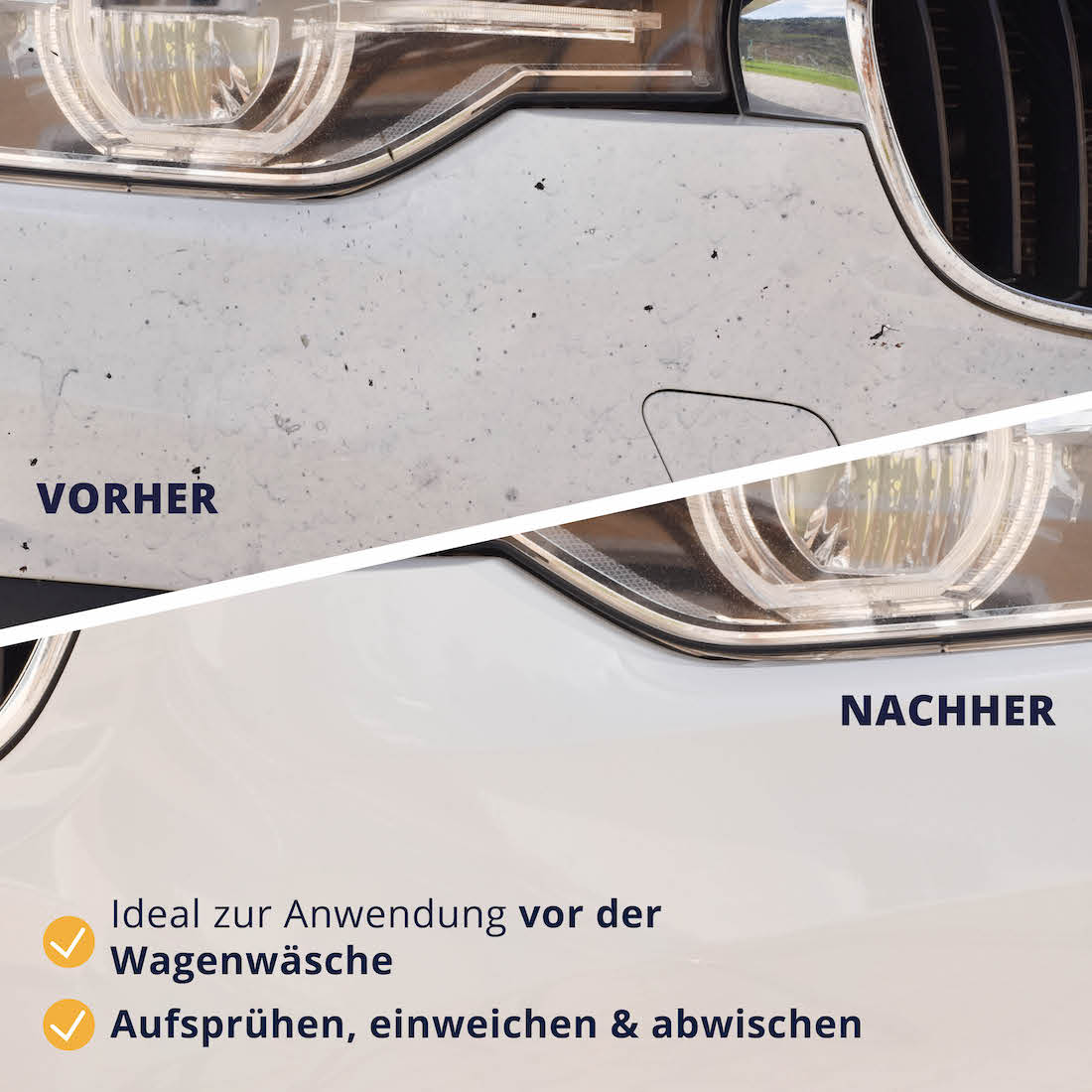 Rückstandslose Reinigung=>Einfach aufsprühen, einweichen lassen und anschließend mühelos abwischen - für eine gründliche Reinigung und optimale Vorbereitung auf die Autowäsche.